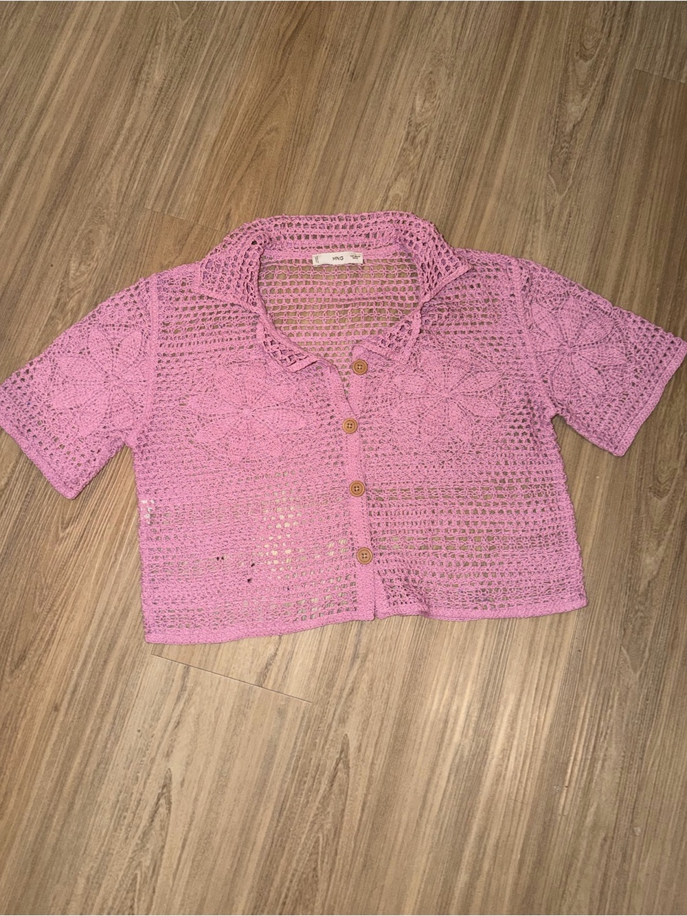 Mango Crochet Short Sleeve Cardigan - Light Pink